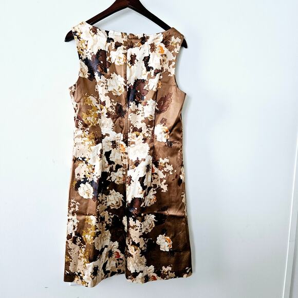 Size 10P Talbots Brown Floral Sleeveless Round Pleated Neck Tank Summer Fall - Picture 3 of 16